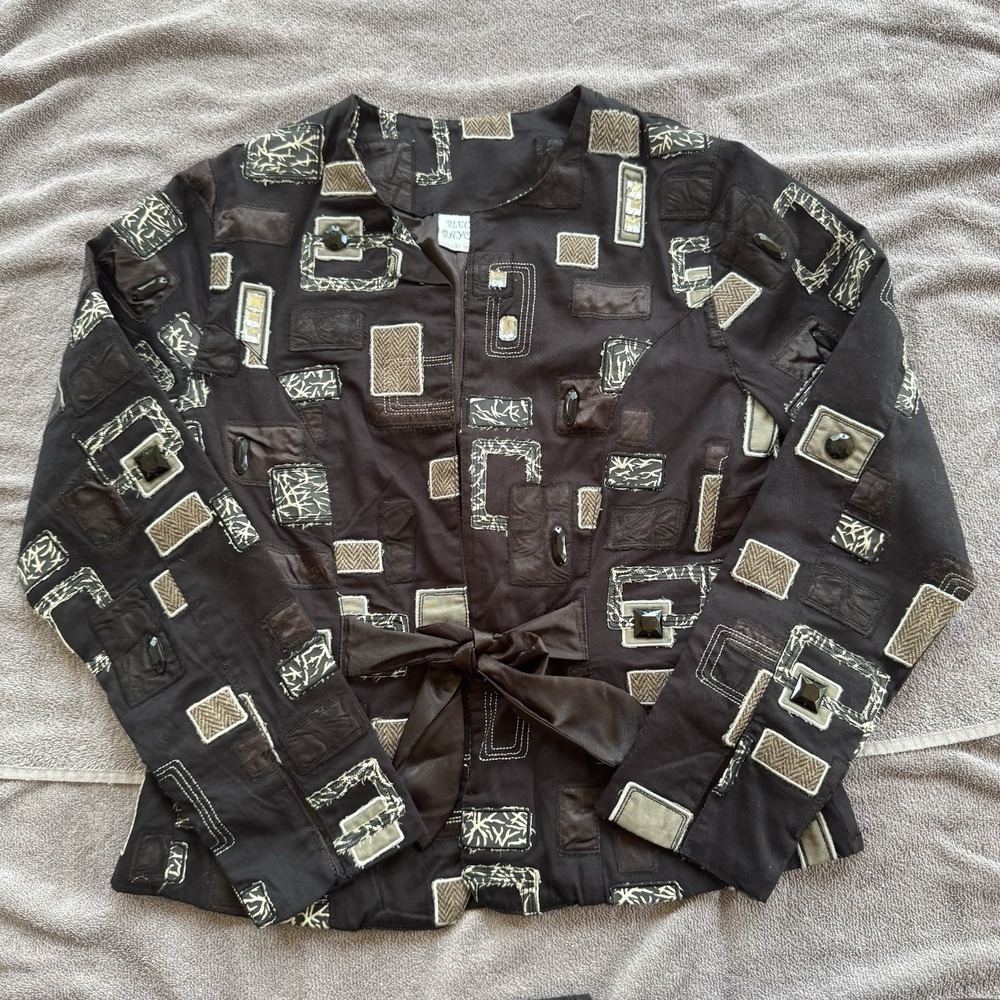 Bleu Bayou Patchwork Embellished Boho Art To Wear Tie Front Jacket Womens S